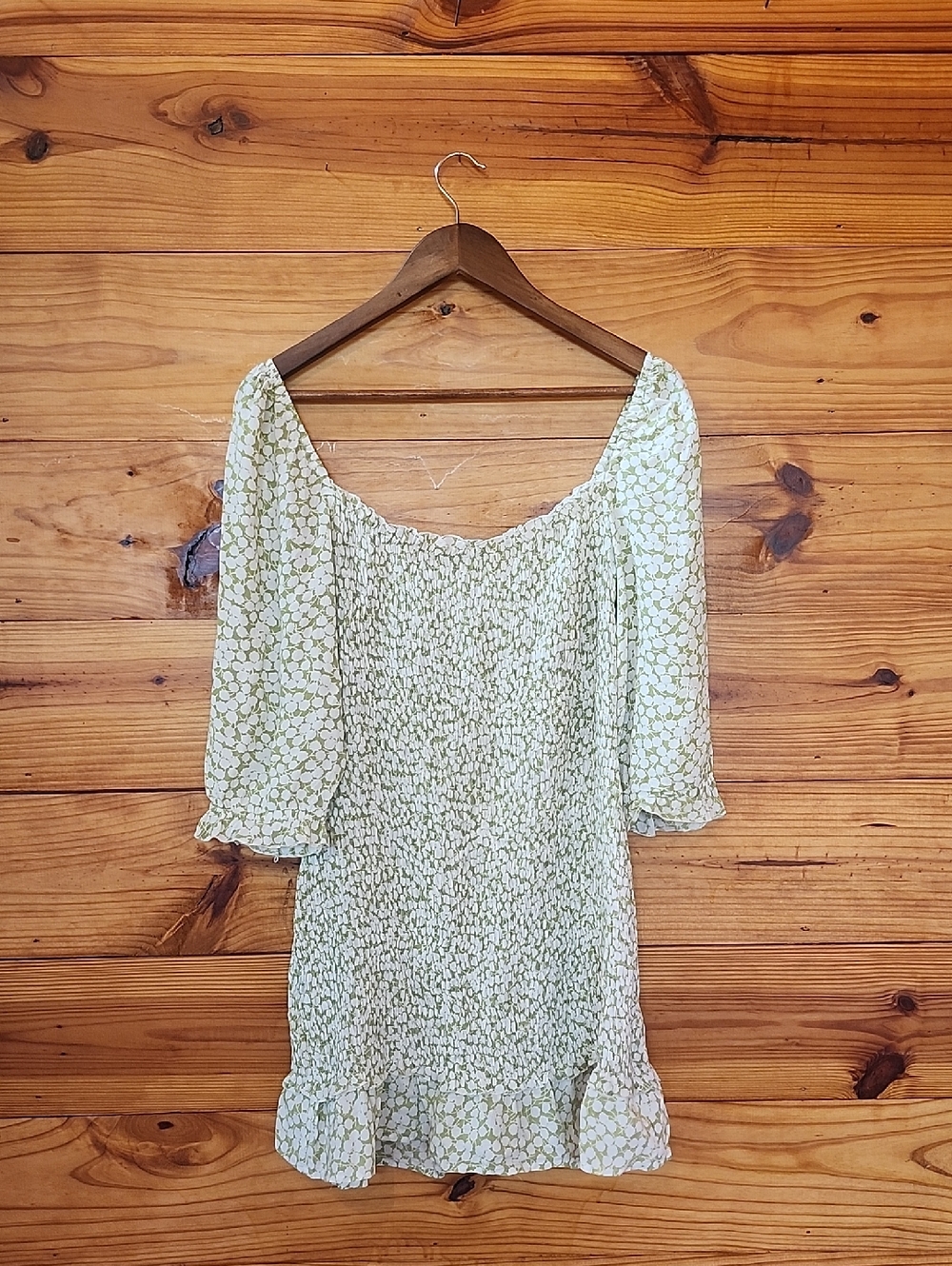 Faithfull The Brand Green Smocked Mini Dress Size L Puff Sleeve Cottagecore